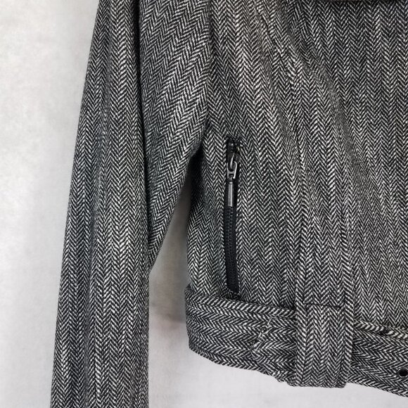 Bebe 4 Cropped Wool Moto Blazer Jacket Herringbone Belted Black/White Buckle - Picture 6 of 12